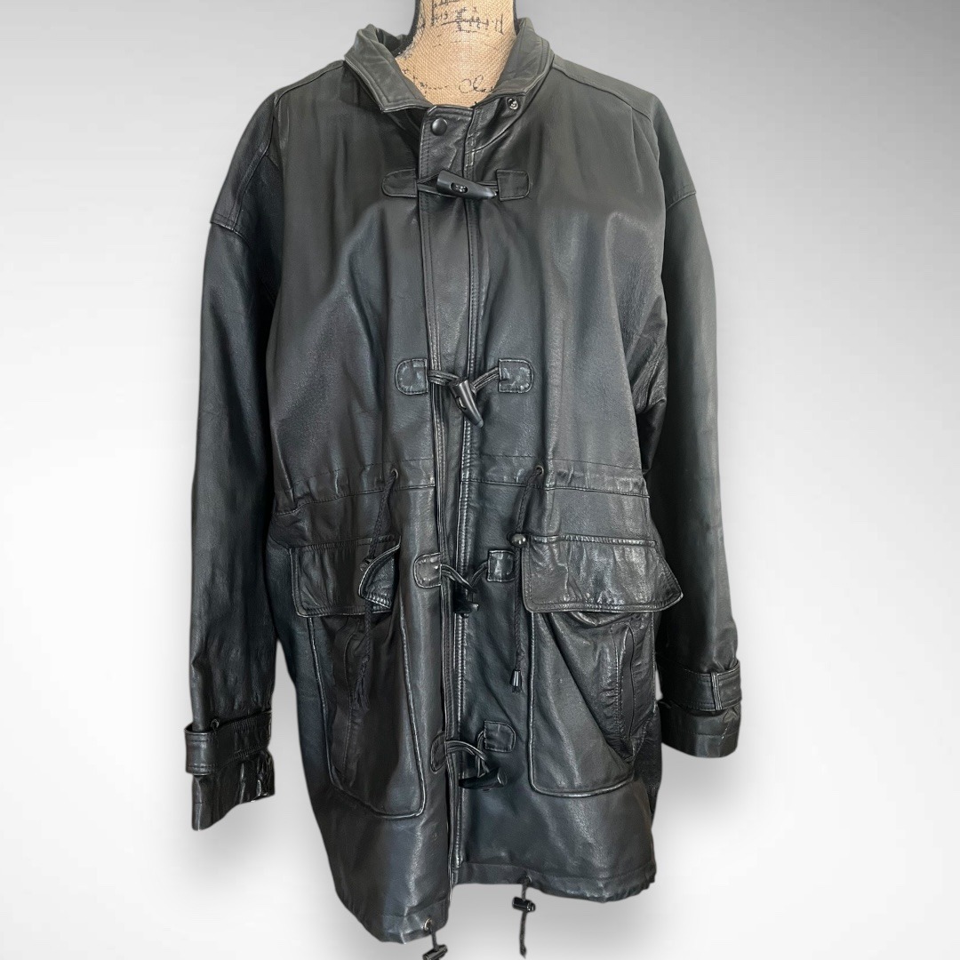 Wilson's Leather Unisex Black Leather Trench Coat With Drawstring Waist | Euc